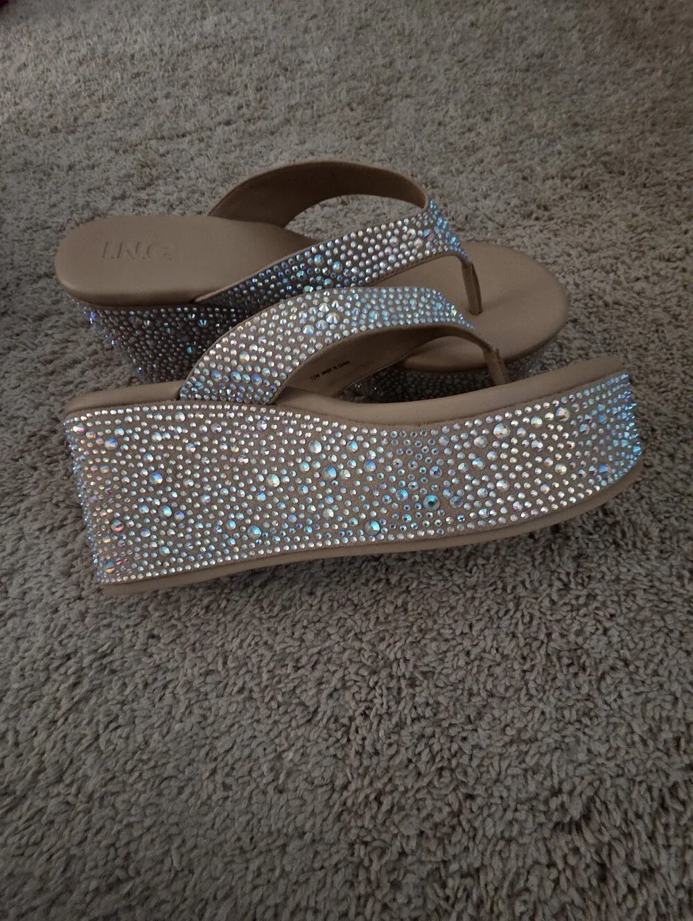 Beige Crystal Embellished Wedge Flip Flops - Brand: